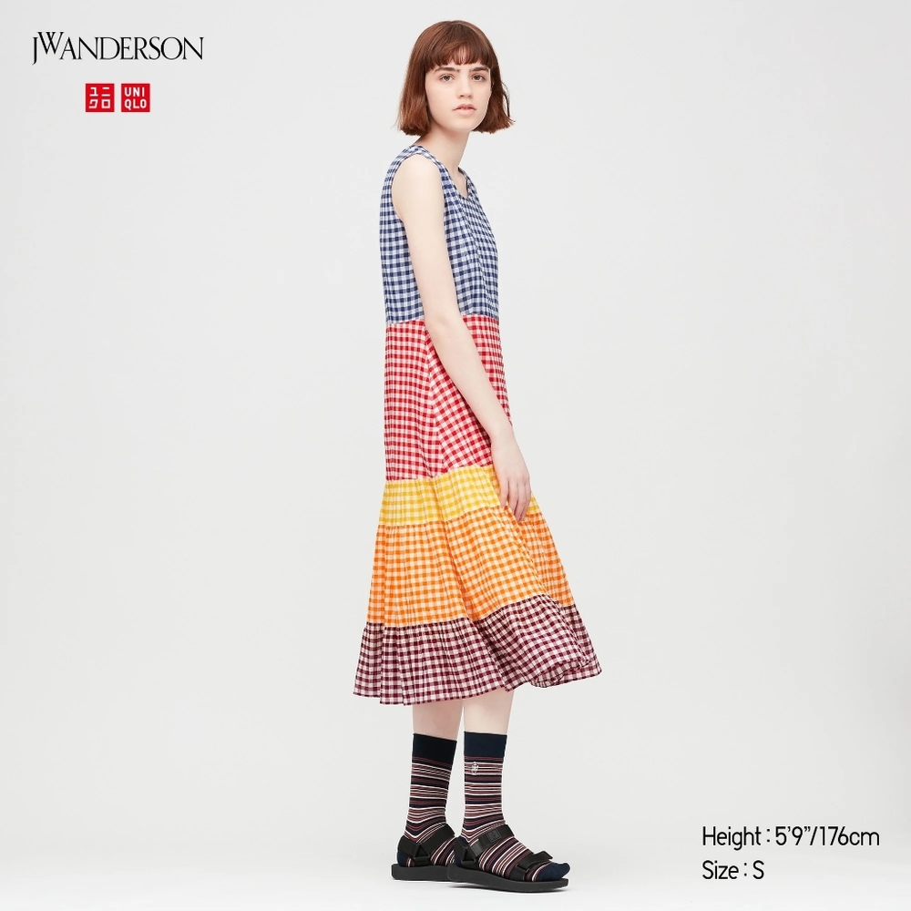 Uniqlo JW Anderson Multicolor Gingham Tiered Midi Dress